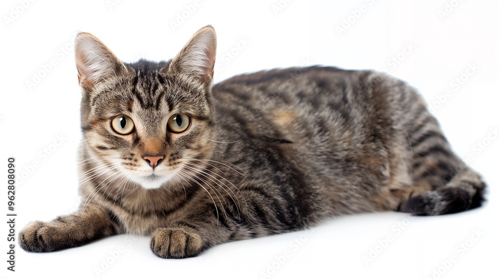Fototapeta premium A tabby cat with green eyes lies on a white background, looking directly at the camera.