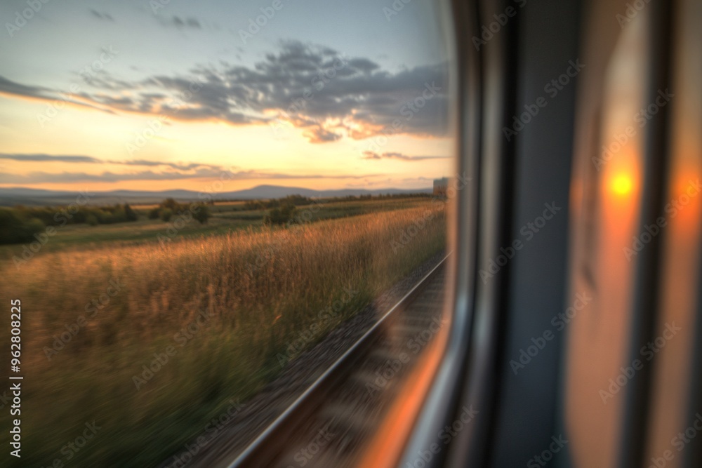 A serene view from a train window showcasing a scenic landscape at sunset with vibrant clouds and golden fields. A serene view from a train window showcasing a scenic landscape at sunset with vibrant clouds and golden fields.