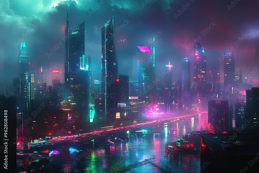 Futuristic urban skyline with bright colorful lights and tall structures Futuristic urban skyline with bright colorful lights and tall structures