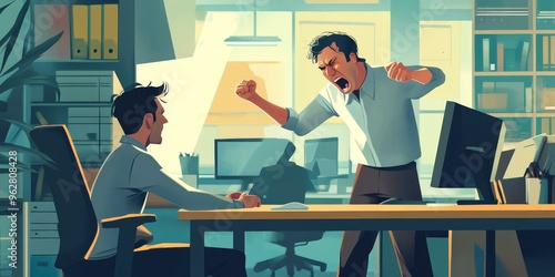 Angry man yelling at coworker in office.