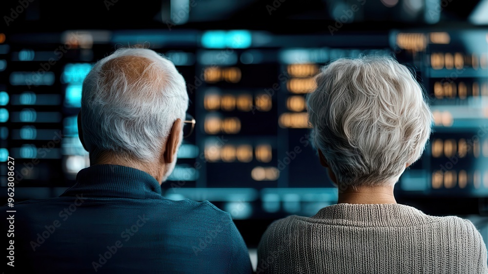 Elderly couple, clearly financial screens, futuristic city, freedom in retirement Elderly couple, clearly financial screens, futuristic city, freedom in retirement