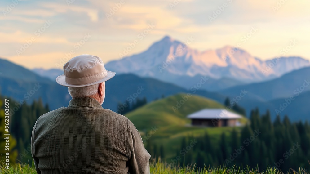 Retiree monitoring financial growth, floating holograms, futuristic mountain cabin, peaceful freedom Retiree monitoring financial growth, floating holograms, futuristic mountain cabin, peaceful freedom