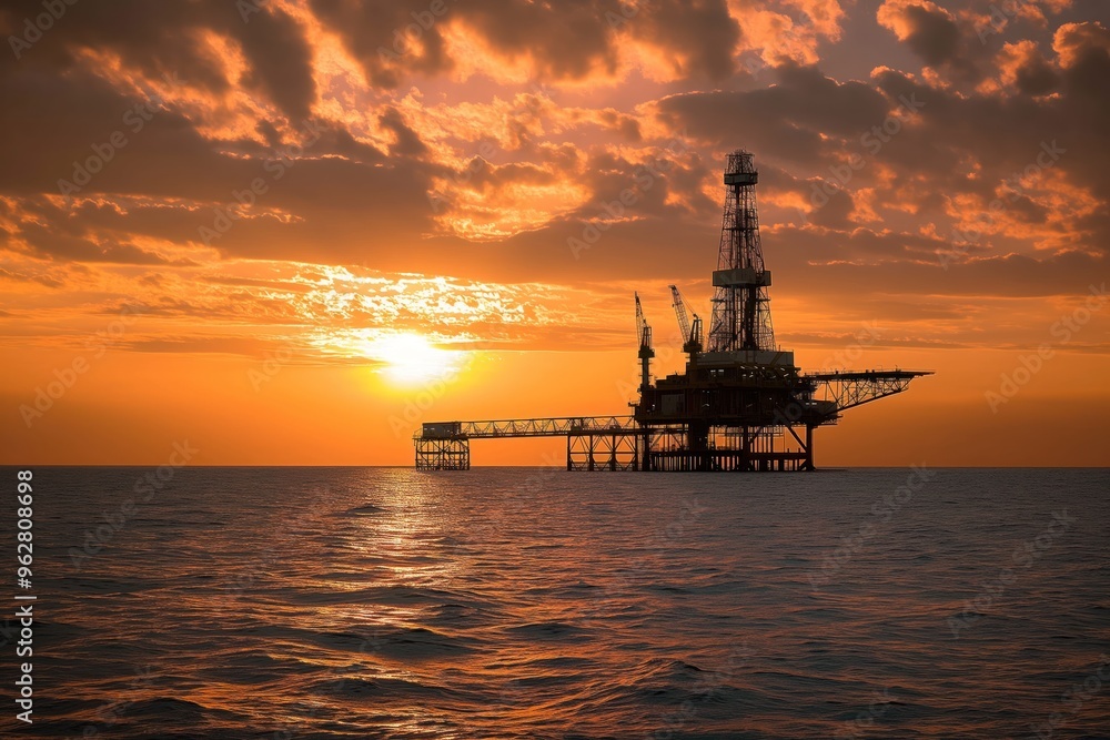 Fototapeta premium Oil rig stands on Caspian Sea coast at sunset. Industrial steel structure with derrick, rig legs, and drilling equipment. Clouds reflect in water as evening sun sets over ocean.