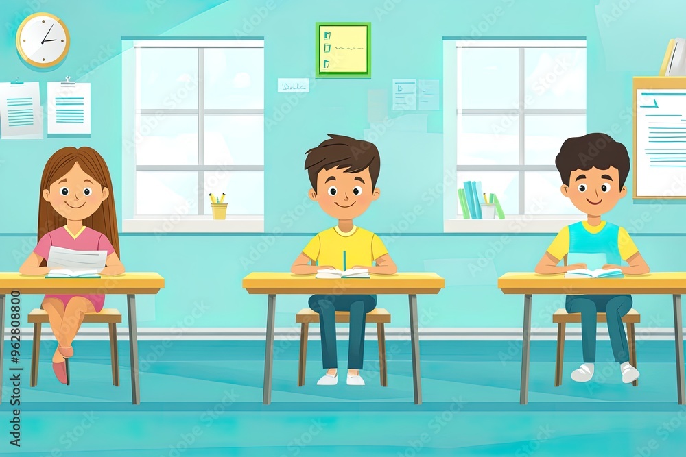 Students reading in a colorful classroom setting. Students reading in a colorful classroom setting.