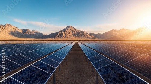 Solar energy farm in desert landscape, renewable energy production, 3D illustration,