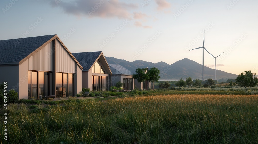 Sustainable village powered by wind and solar energy, zero waste living, 3D illustration, Sustainable village powered by wind and solar energy, zero waste living, 3D illustration,