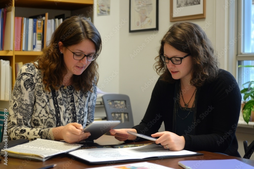 Fototapeta premium Two Young Women Studying Together in a Library