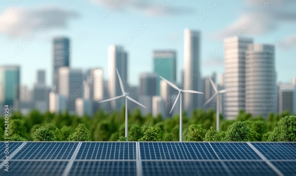 Fototapeta premium Green energy cityscape, wind turbines and solar panels integration, 3D illustration,