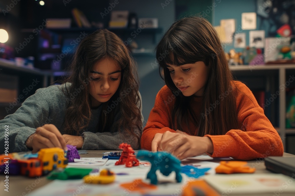 Fototapeta premium Two Girls Concentrating on Building Toys