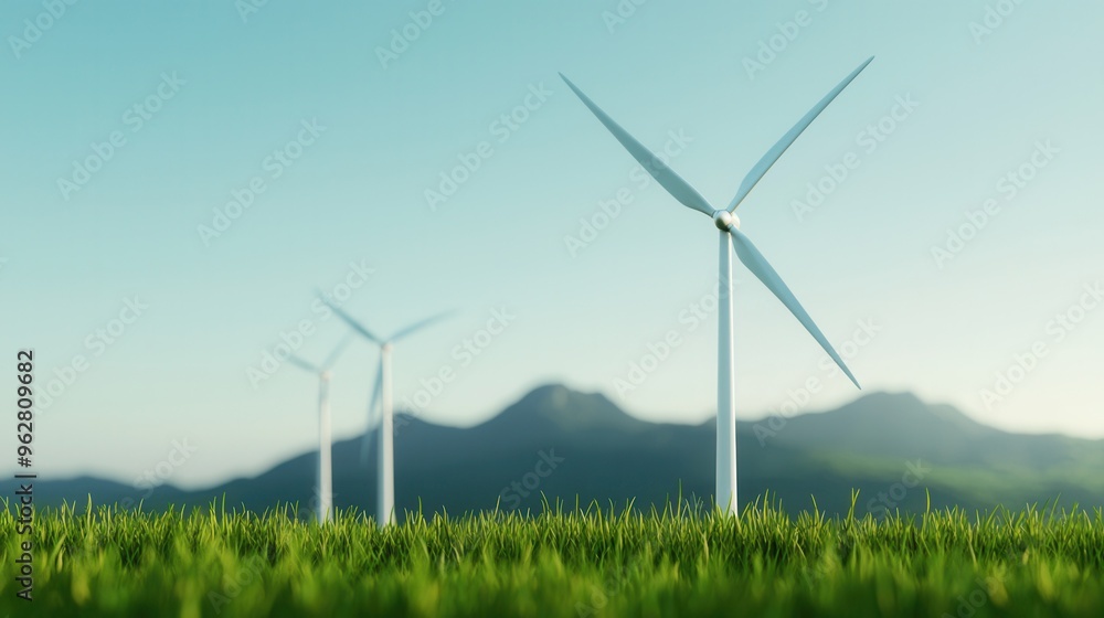 Wind turbines powering eco-friendly city, renewable energy concept, 3D illustration, Wind turbines powering eco-friendly city, renewable energy concept, 3D illustration,