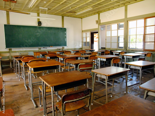 レトロな教室、旧遷喬尋常小学校（木造校舎、廃校）岡山県真庭市、小学校、木造校舎、廃校、青春、思い出の授業
