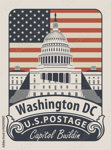 Vector banner with inscriptions and the image of the USA Capitol in Washington DC. Vector illustration Capitol Building in Washington on the background of american flag