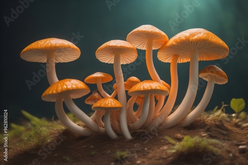 Mushrooms on a solid color background with green moss and water drops. generative ai photo