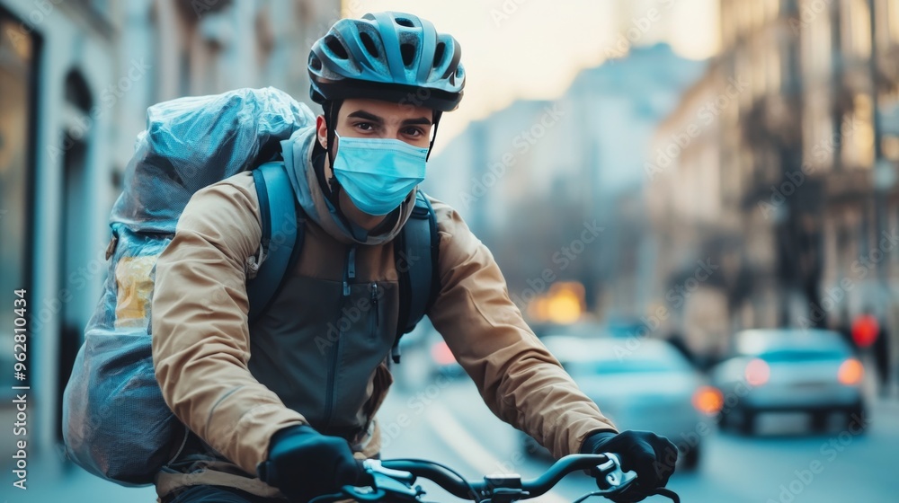 Masked Indian deliveryman on bike with insulated bag. Masked Indian deliveryman on bike with insulated bag.