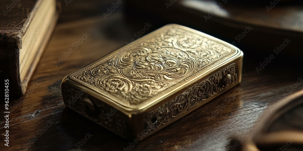 Fototapeta premium Ornate golden box on a wooden surface.