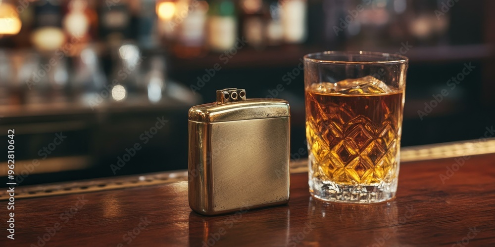 Whiskey on the rocks and a lighter on a bar. Whiskey on the rocks and a lighter on a bar.