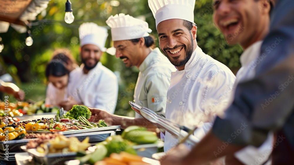 Happy Chef Serving Food at Catering Event Happy Chef Serving Food at Catering Event