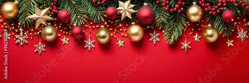 Festive Christmas decoration with red and gold baubles, pine branches, and red berries on a red background, perfect for holiday greetings or festive design projects.