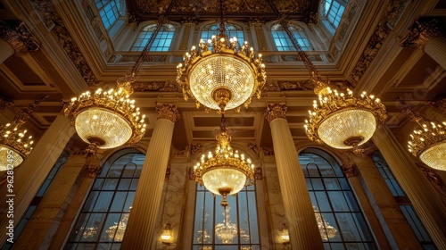 Elegant chandeliers illuminate a grand architectural interior with tall columns and large windows.