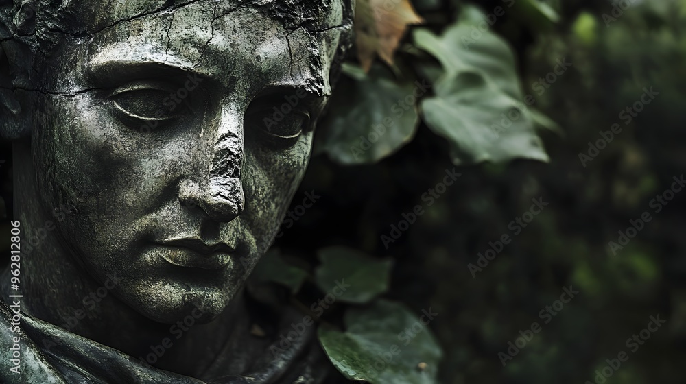 Weathered Bronze Statue with Intricate Details Towering Over Overgrown Renaissance Inspired Garden Weathered Bronze Statue with Intricate Details Towering Over Overgrown Renaissance Inspired Garden