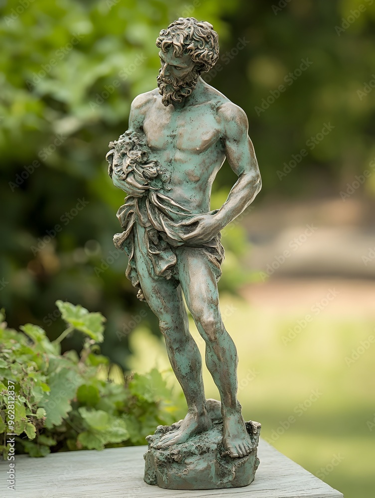 Weathered Copper Statue in Pastoral Renaissance Inspired Garden Landscape Weathered Copper Statue in Pastoral Renaissance Inspired Garden Landscape