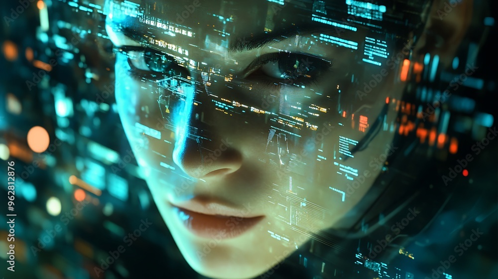 A futuristic AI with a humanoid face, analyzing a complex matrix of data A futuristic AI with a humanoid face, analyzing a complex matrix of data