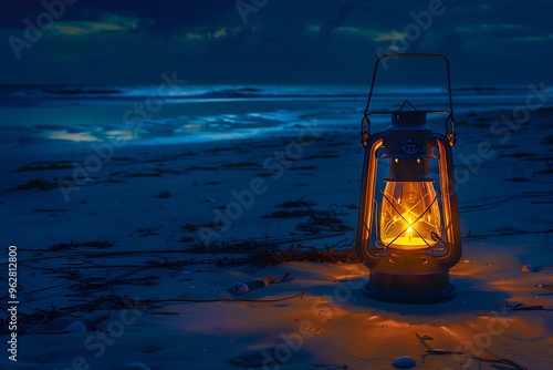 A pirate-themed lantern glowing on a deserted beach at night, perfect for text overlay.