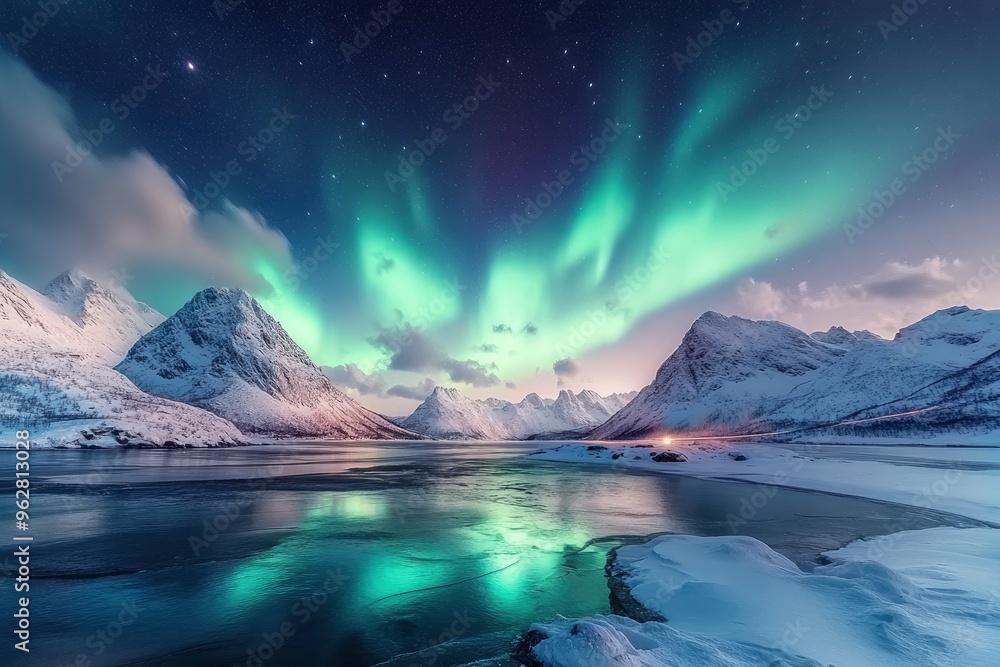 Obraz premium Northern lights over the snowy mountains, frozen sea, reflection in water at winter night in Lofoten, Norway. Aurora borealis and snowy rocks. Landscape with polar lights, road, starry sky, ai