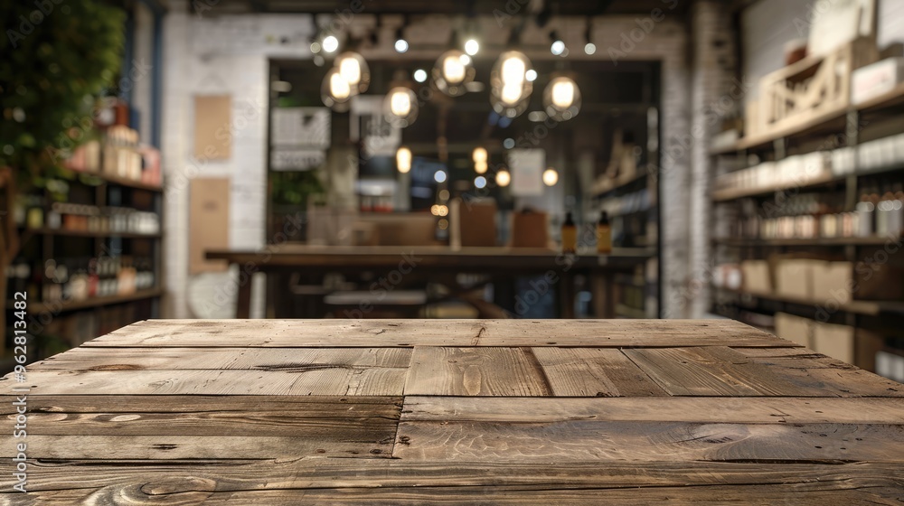 Wooden table and interior background with blurred store display Wooden table and interior background with blurred store display