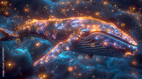 3D Whale Illustration with Glowing Particles