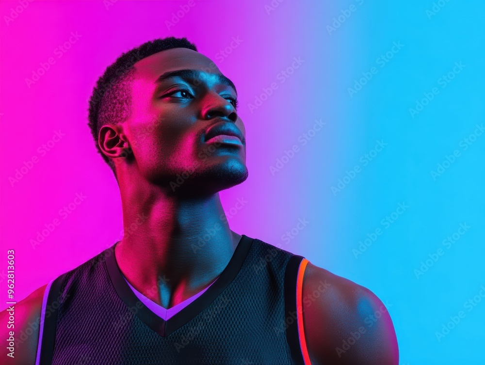 Basketball player, smart jersey with biometric sensors, real-time performance feedback, neon court Basketball player, smart jersey with biometric sensors, real-time performance feedback, neon court