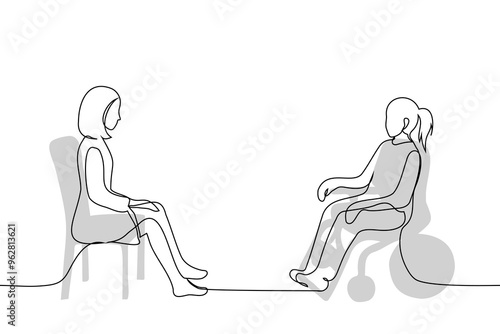 woman doctor sitting on chair opposite her sitting woman in motorized wheelchair - one line art vector. concept medical care for people with disabilities