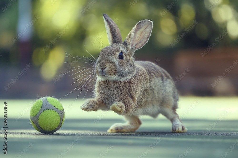 Bouncing Ball Rabbit Brown rabbit leaps towards green ball in outdoor setting with rich ...