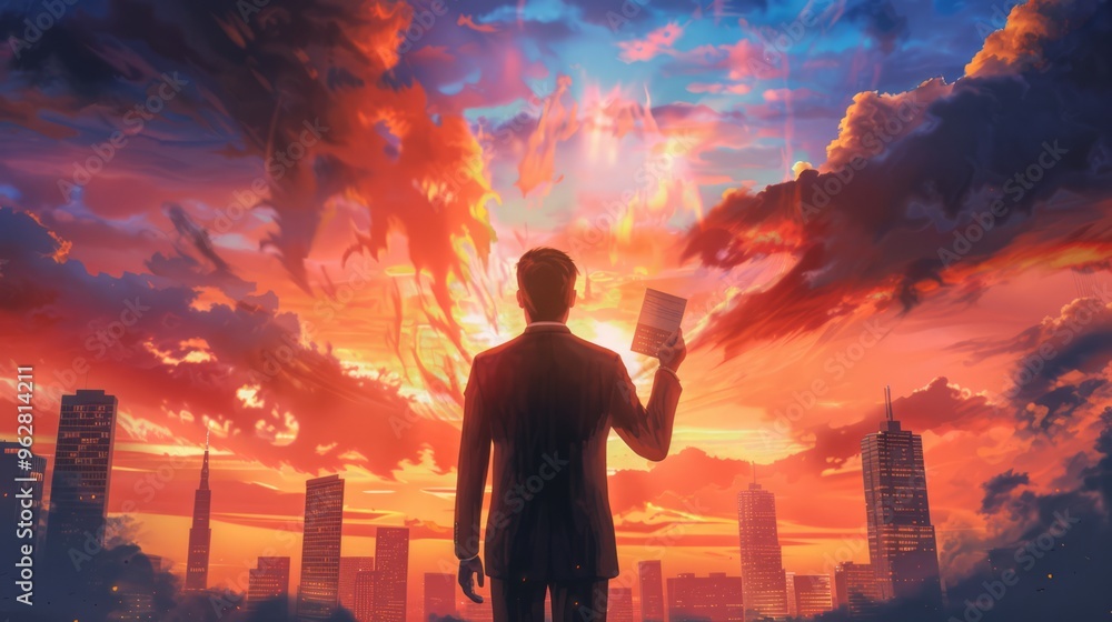 a surreal depiction of a businessman holding a disintegrating business card, standing in front of a fading city skyline, symbolizing financial ruin a surreal depiction of a businessman holding a disintegrating business card, standing in front of a fading city skyline, symbolizing financial ruin
