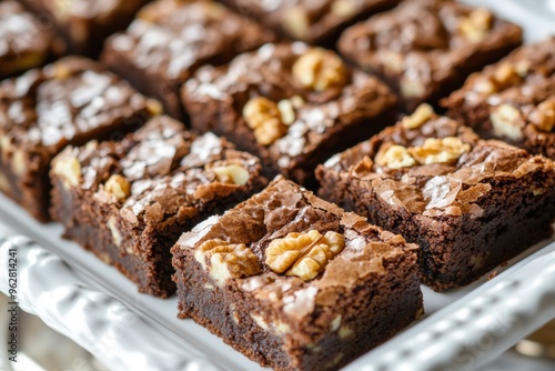 Deliciously rich walnut brownies elegantly displayed on a white serving tray, eagerly anticipating being enjoyed