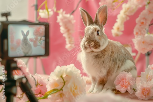 White rabbit sits on pink flower bed, looking directly at camera. Rabbit influencer poses on floral background with cute, playful expression. Ideal for social media, beauty blog, lifestyle photos.