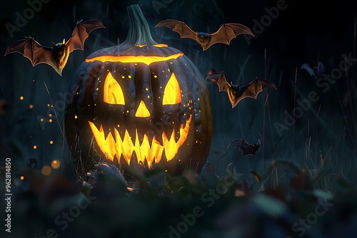 A jack-o'-lantern with bats flying around, illuminating a dark night, perfect for text overlay.