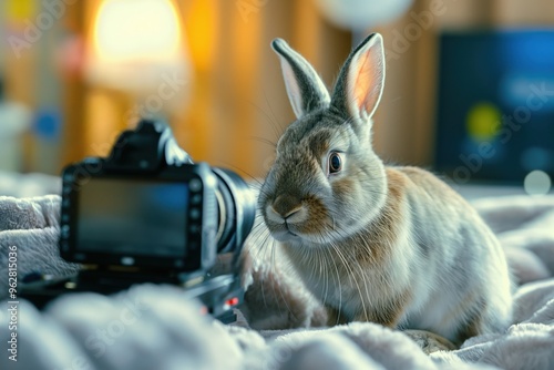 Rabbit sits on gray blanket with attention to camera. Soft brown, white contrasts with background. Camera in view suggests photography session. Cute rabbit model poses for social media influencer.