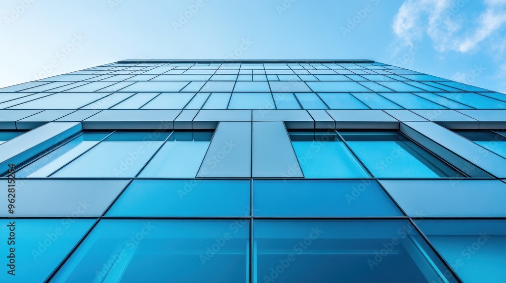 Modern glass building facade reflecting the sky in a clear urban setting. Modern glass building facade reflecting the sky in a clear urban setting.