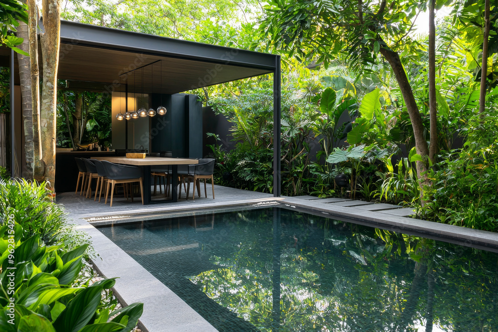 A serene outdoor space featuring a pool, dining area, and lush greenery, ideal for relaxation and social gatherings. A serene outdoor space featuring a pool, dining area, and lush greenery, ideal for relaxation and social gatherings.