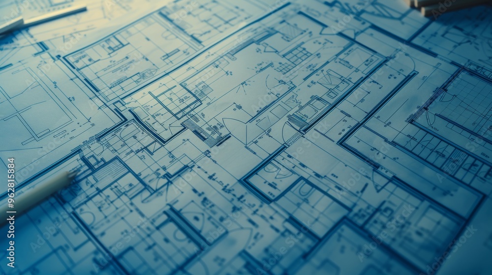 Detailed blueprints on a drafting table showcase intricate architectural plans and designs. The image highlights precision, creativity, and the meticulous process of building design, ideal for Detailed blueprints on a drafting table showcase intricate architectural plans and designs. The image highlights precision, creativity, and the meticulous process of building design, ideal for