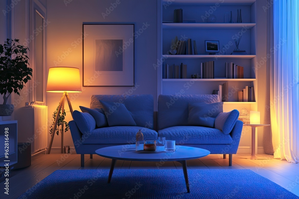 Interior of living room with sofa, armchair, table and glowing lamps in evening , ai Interior of living room with sofa, armchair, table and glowing lamps in evening , ai