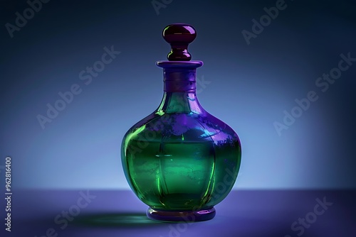 A mystical emerald green potion in a vintage deep purple bottle with a rich burgundy stopper, glowing in midnight blue light.
