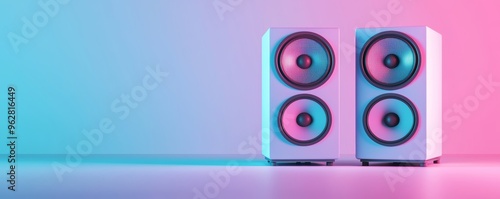 Dual speakers glowing under neon lights, pink and blue color scheme, modern audio setup, cinematic lighting, music technology concept, moody background photo