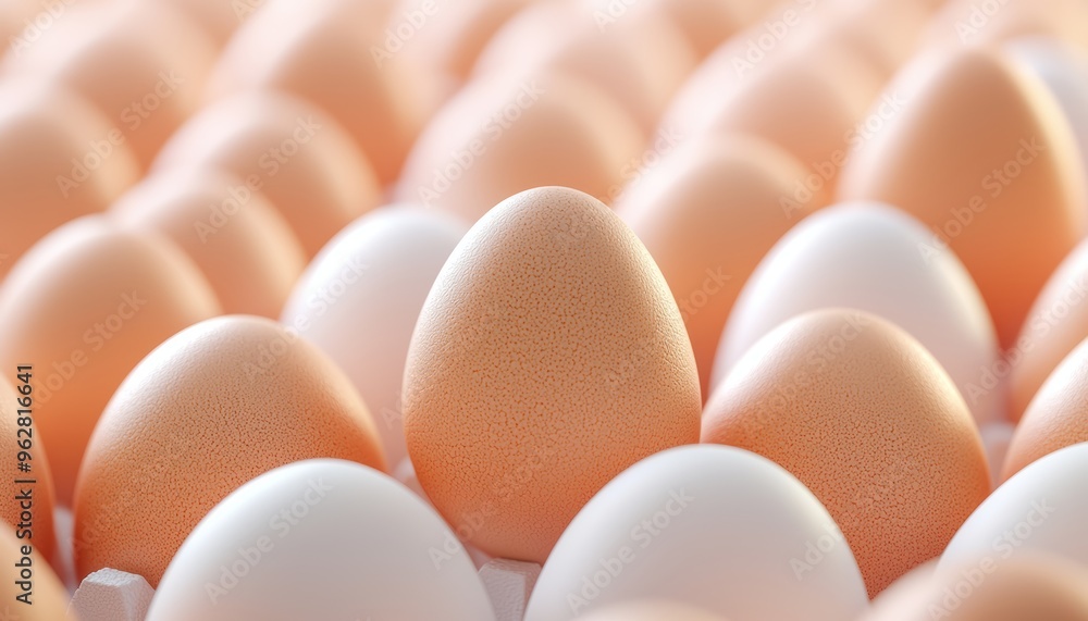 Organic farm eggs in a repetitive layout, soft lighting, 3D illustration Organic farm eggs in a repetitive layout, soft lighting, 3D illustration