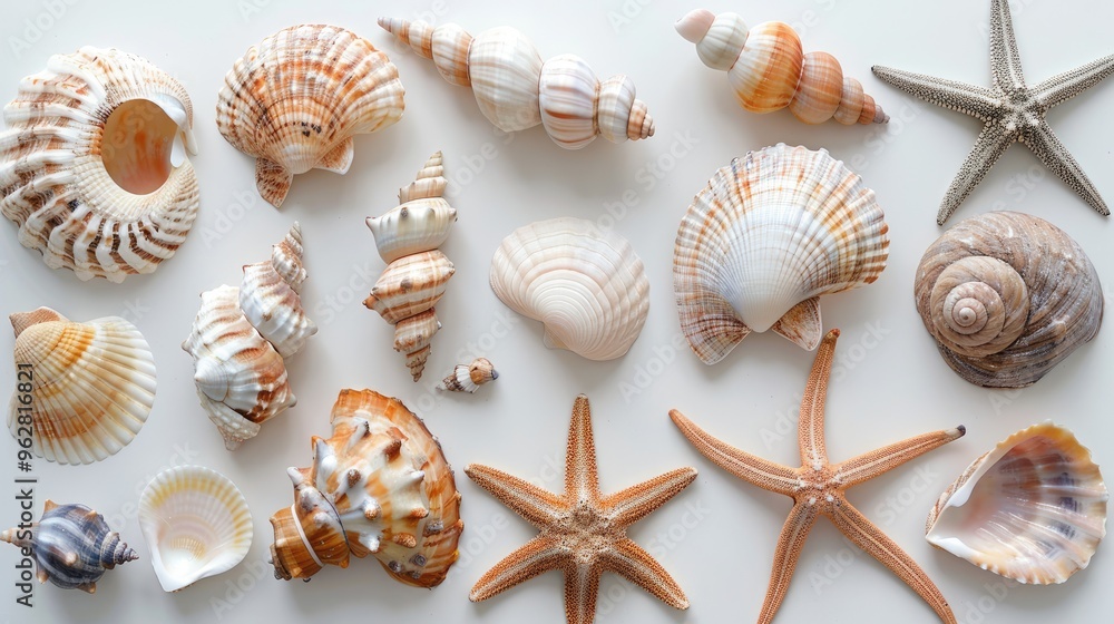 Arrangement of unique seashells and starfish on a white surface from above. Arrangement of unique seashells and starfish on a white surface from above.