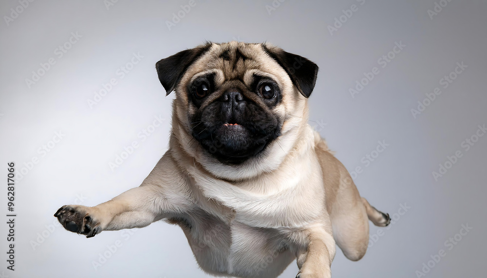 playful pug jumping in the air playful pug jumping in the air