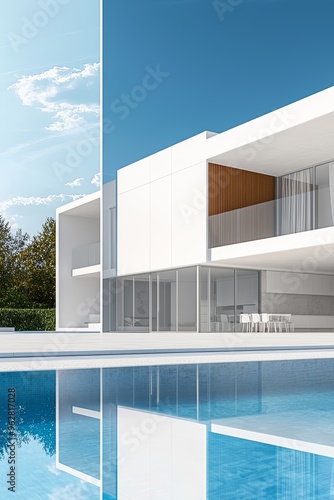 Sketch-to-reality transformation of modern house with pool, architectural concept, 3D illustration