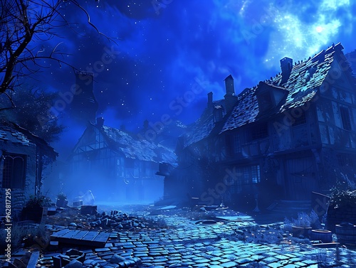 A spectral blue mist enveloping a forgotten village square, with dilapidated cottages and ancient cobblestone streets under a moonlit sky.