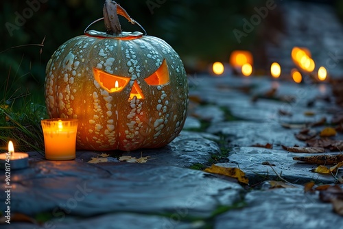 A pumpkin lantern with a spooky face, surrounded by flickering candles on a stone path, with copy space.